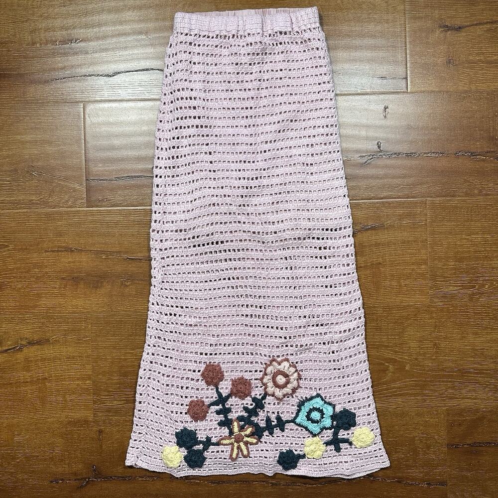 Chasing Unicorns Crochet Skirt XS Pink Floral Flowers Maxi Elastic Waist Retro